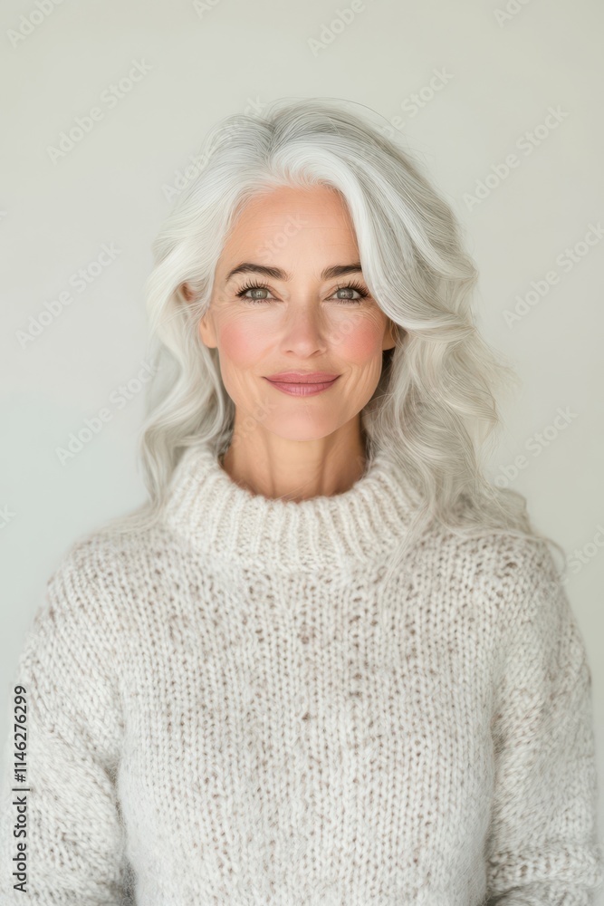 Portrait of an elegant older woman with gray hair, wearing a cozy sweater. Portrait of an elegant older woman with gray hair, wearing a cozy sweater.