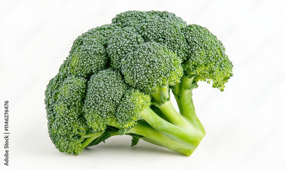 A large head of broccoli is sitting on a white background A large head of broccoli is sitting on a white background