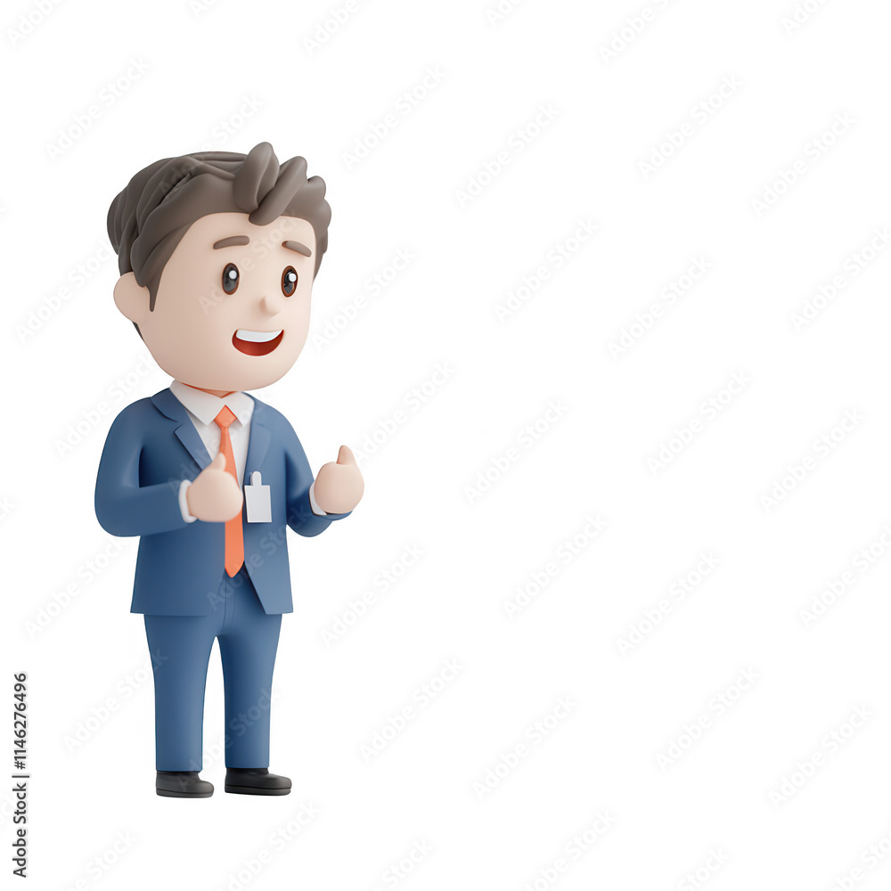 A cheerful businessman character in a suit presenting ideas enthusiastically., isolated on a transparent background.