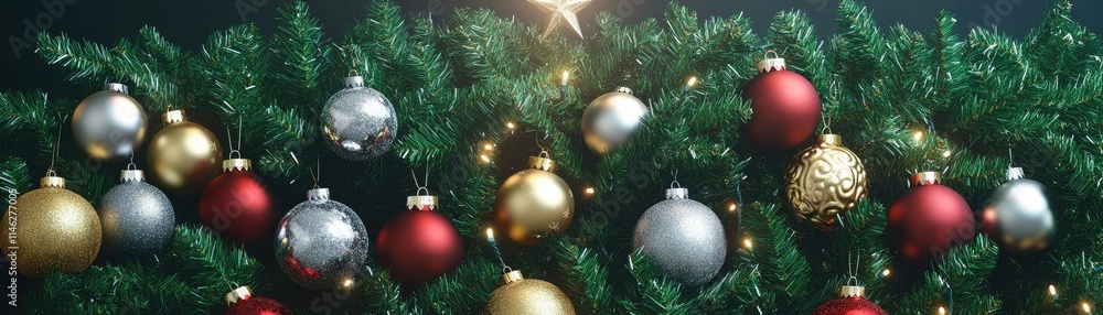 Fototapeta premium A festive arrangement of Christmas ornaments on a tree, creating a holiday atmosphere.