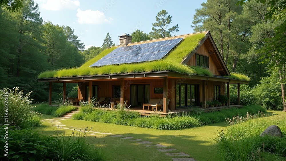 Eco-Friendly House with Green Roof and Solar Panels in Forest Eco-Friendly House with Green Roof and Solar Panels in Forest