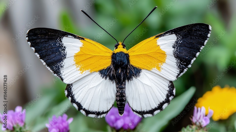 Close-up of a vibrant butterfly with yellow, black, and white wings perched on purple flowers. Close-up of a vibrant butterfly with yellow, black, and white wings perched on purple flowers.