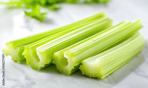 A bunch of celery sticks are on a white table