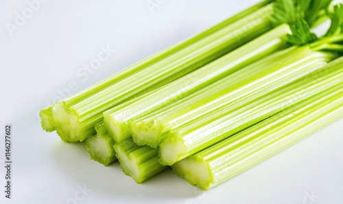 A bunch of celery stalks are on a white table
