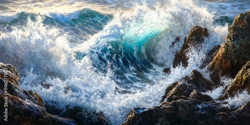 Dynamic ocean wave crashing into rocks showcases the power and beauty of nature. The ocean wave s relentless force collides with rugged rocks, creating a mesmerizing display of water and energy. photo