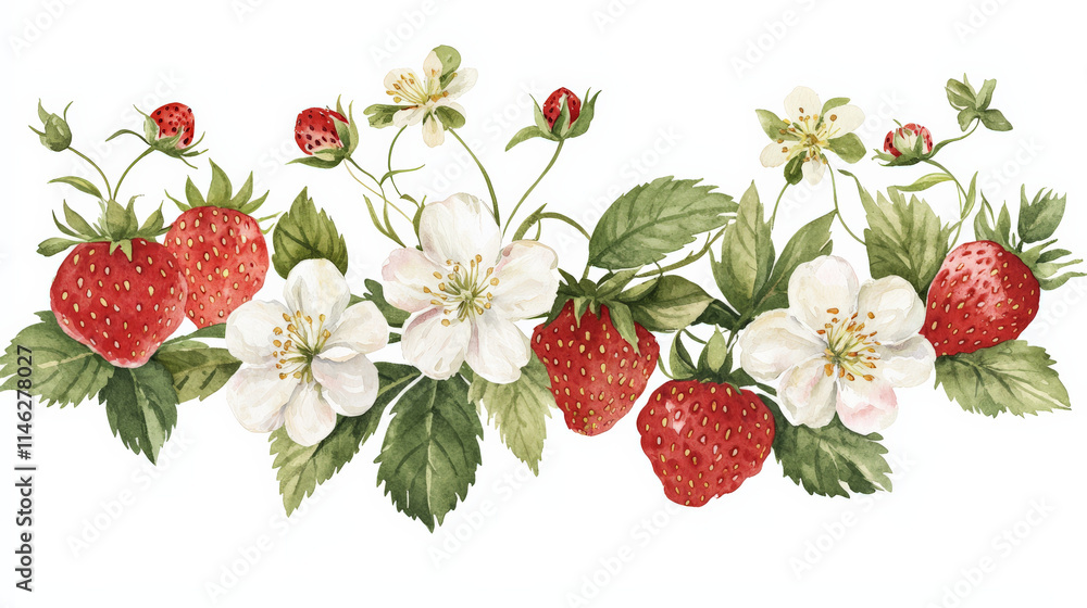 Fresh strawberries and blossoms in beautiful botanical style design Fresh strawberries and blossoms in beautiful botanical style design