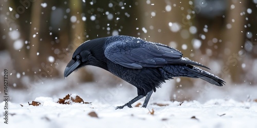 Large billed Crow foraging for food in snowy conditions, highlighting the adaptability and resilience of the Large billed Crow in its environment during winter. photo