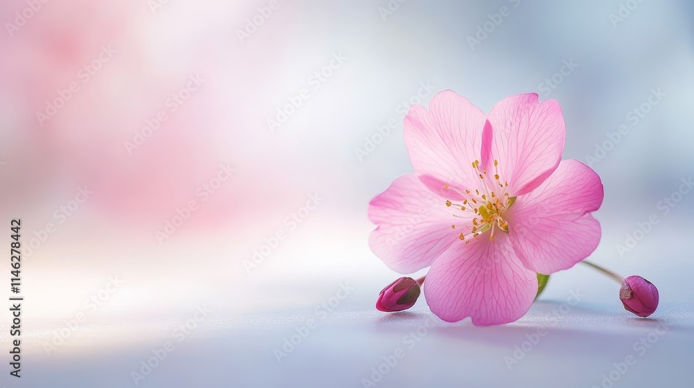 A delicate pink flower, background with buds, symbolizing beauty and nature's tranquility. A delicate pink flower, background with buds, symbolizing beauty and nature's tranquility.