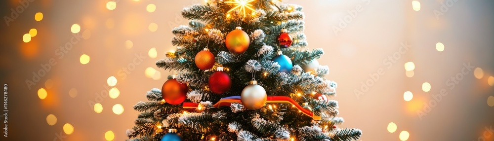 Fototapeta premium A festive Christmas tree adorned with colorful ornaments and glowing lights.