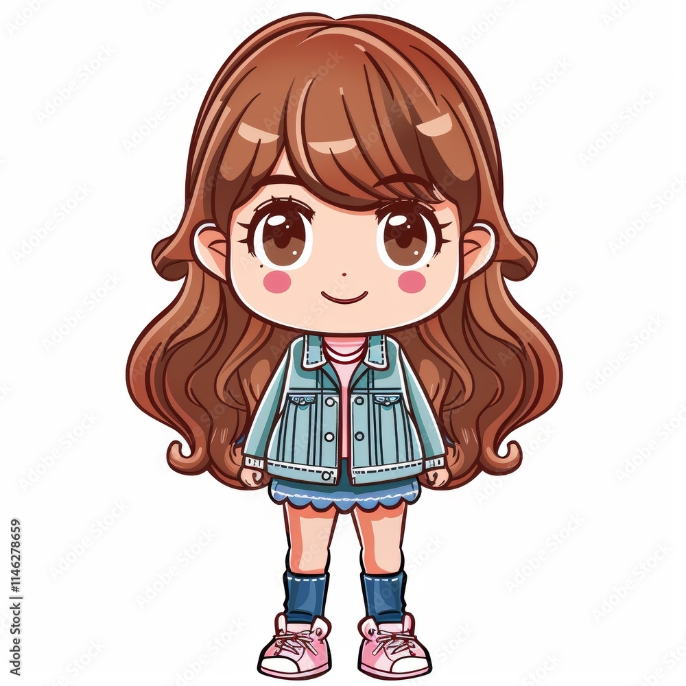 Cute cartoon girl with brown hair, wearing a denim jacket and pink shoes. Cute cartoon girl with brown hair, wearing a denim jacket and pink shoes.