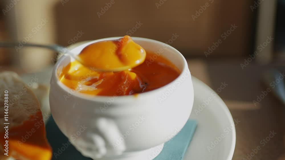 A person is eating soup from a white bowl. The soup is orange and has a spoon in it A person is eating soup from a white bowl. The soup is orange and has a spoon in it