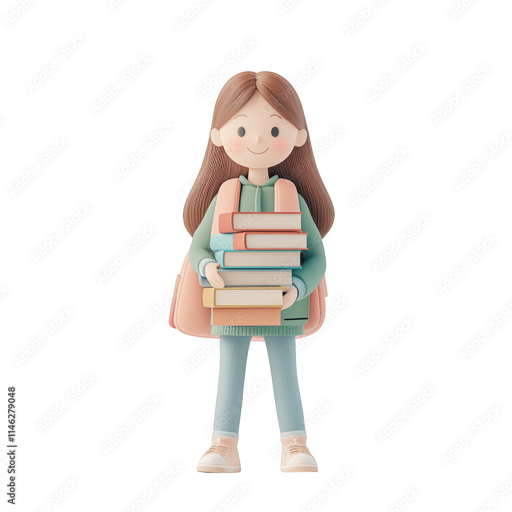 A cheerful girl with a stack of books ready for studying and learning., isolated on a transparent background. A cheerful girl with a stack of books ready for studying and learning., isolated on a transparent background.