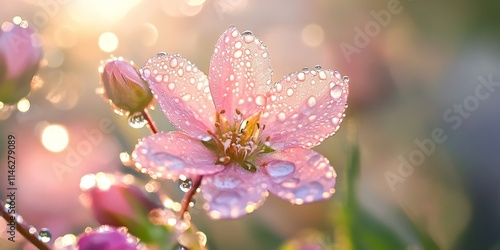 Graceful Cetinoi flower blooms adorned with dew drops, illuminated by the sunlight, create a stunning and picturesque scene of natures beauty.