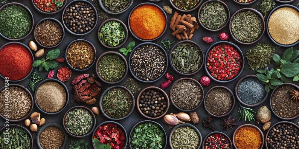 Vibrant background featuring an array of herbs and spices in bowls. This seamless texture showcases the variety of herbs and spices perfect for cooking and culinary creations. Vibrant background featuring an array of herbs and spices in bowls. This seamless texture showcases the variety of herbs and spices perfect for cooking and culinary creations.