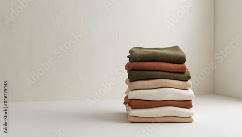 Softly folded sweaters in earthy tones arranged neatly on a simple background in a cozy indoor setting.