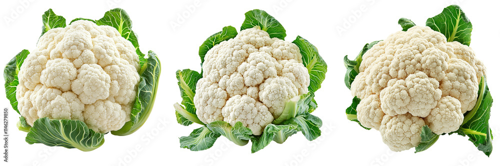 Three cauliflower heads with leafy greens showcasing their distinctive texture and shape. Three cauliflower heads with leafy greens showcasing their distinctive texture and shape.