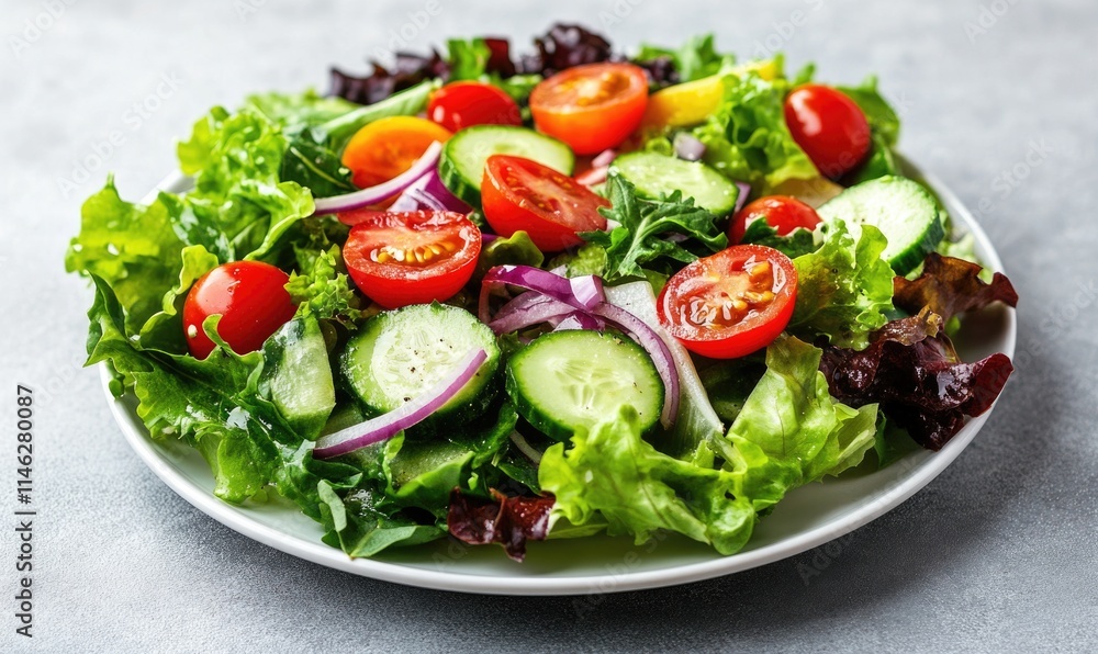 A salad with lettuce, tomatoes, cucumbers, and onions A salad with lettuce, tomatoes, cucumbers, and onions