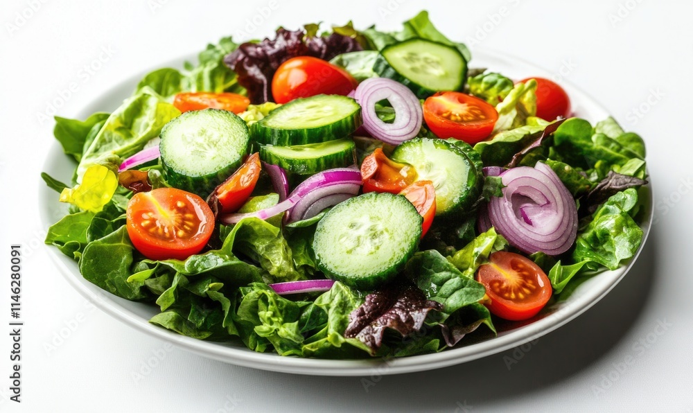 A salad with tomatoes, cucumbers, and onions on a white plate A salad with tomatoes, cucumbers, and onions on a white plate