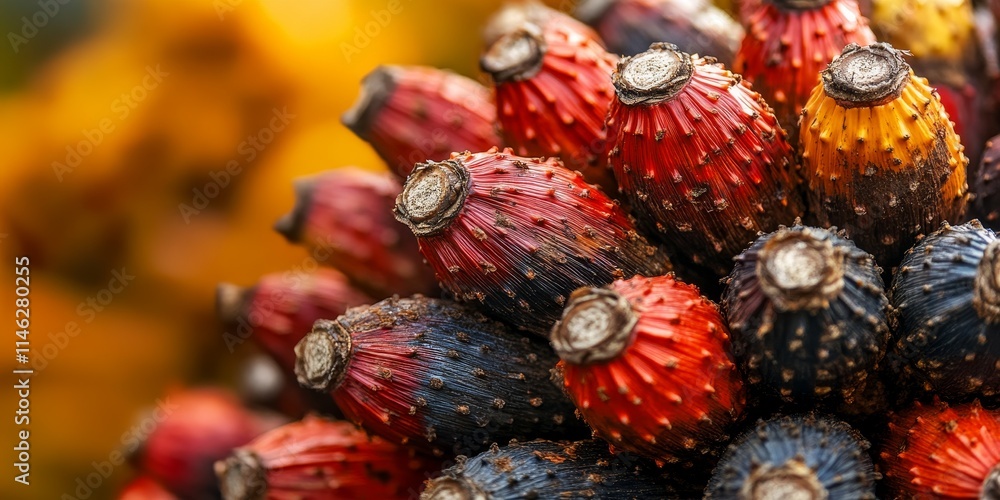 Naklejka premium Close up view highlighting palm oil fruit, showcasing its vibrant colors and textures, providing a detailed perspective on palm oil fruit in its natural state and context.