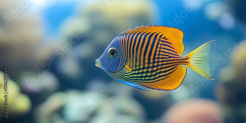 Close up view of a yellowtail tang Zebrasoma xanthurum swimming gracefully in clear water, showcasing its vibrant colors and unique features. The yellowtail tang captivates with its beauty. photo