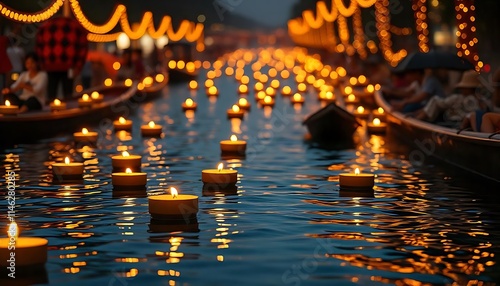 Cinematic view of floating candles on river during Loy Krathong festival with serene copy space for text photo