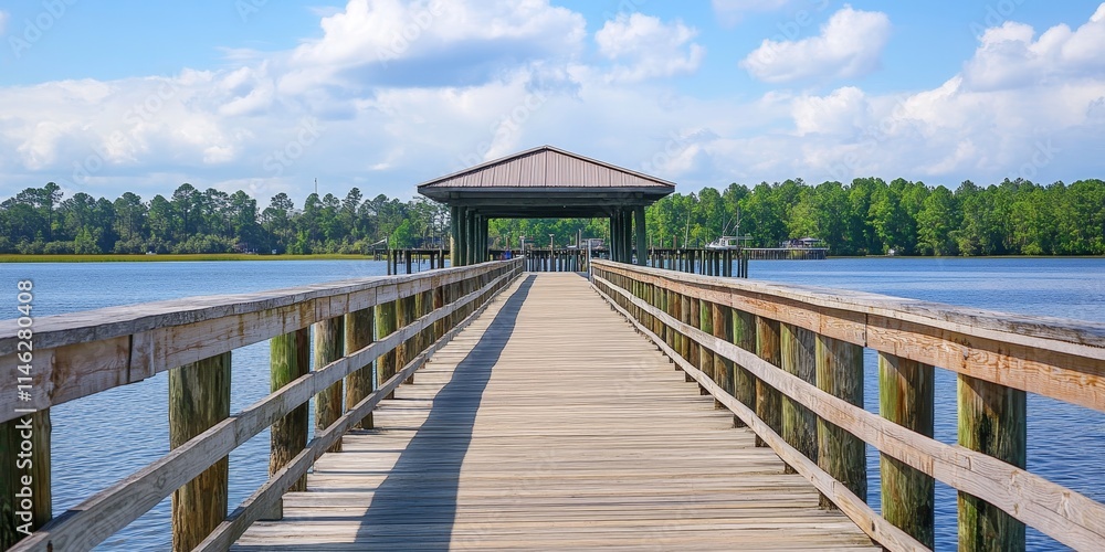 A long wooden fishing pier extends over the water, providing a perfect spot for fishing and relaxation. This fishing pier is an ideal backdrop for your text and captures the essence of tranquil