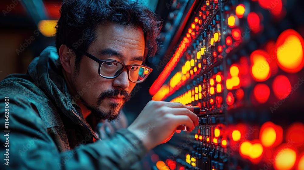Asian Man Working on Complex Illuminated Control Panel Asian Man Working on Complex Illuminated Control Panel