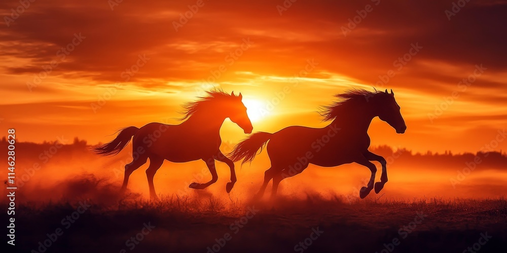 Horses dance gracefully against a stunning sunset backdrop, creating a beautiful silhouette that showcases the enchanting beauty of nature in motion. Experience the magic of horses dance. Horses dance gracefully against a stunning sunset backdrop, creating a beautiful silhouette that showcases the enchanting beauty of nature in motion. Experience the magic of horses dance.