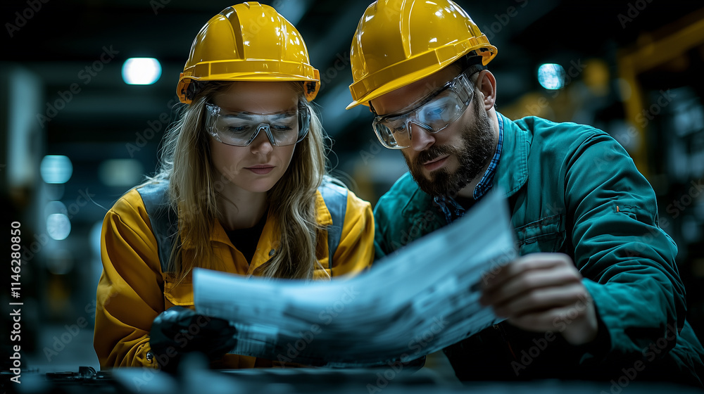 Fototapeta premium Male and female engineers examining blueprints together in an industrial setting