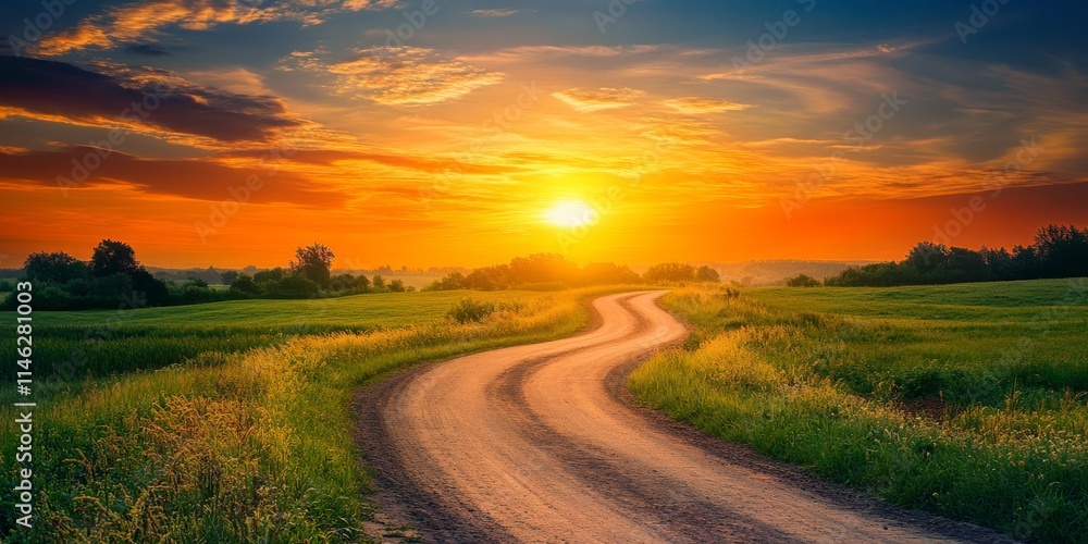 Scenic rural road surrounded by lush green grass with a vibrant orange sunset creating a picturesque summer atmosphere along the rural road. Enjoy the beauty of a rural road at sunset. Scenic rural road surrounded by lush green grass with a vibrant orange sunset creating a picturesque summer atmosphere along the rural road. Enjoy the beauty of a rural road at sunset.