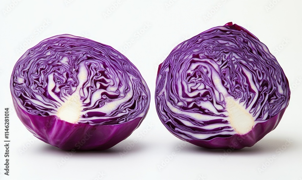Two purple cabbage heads are cut in half Two purple cabbage heads are cut in half