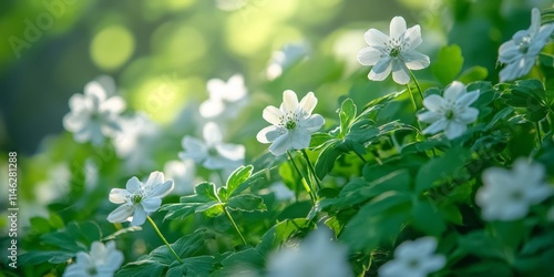 Fototapeta Naklejka Na Ścianę i Meble -  Lush green landscape adorned with delicate white flowers, creating a serene and picturesque scene that showcases the beauty of nature s harmony in a vibrant green landscape filled with white flowers.