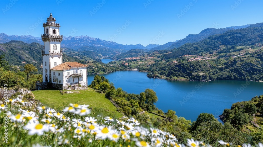 Fototapeta premium Scenic view of a white church overlooking a lake and mountains under a clear blue sky, with daisies in the foreground.