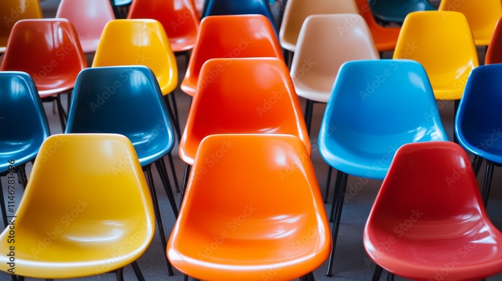 Fototapeta premium Stacked plastic chairs arranged for visitor seating, showcasing the durability and practicality of plastic chairs that cater to various visitor needs and preferences.