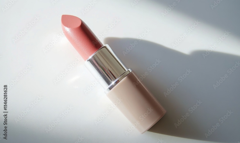 A pink lipstick is sitting on a white surface A pink lipstick is sitting on a white surface