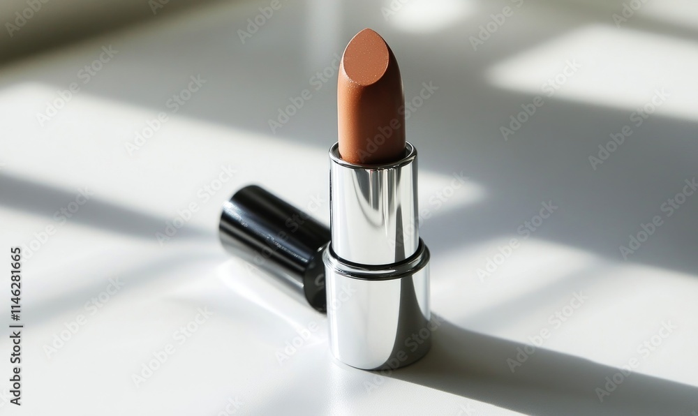 A small brown lipstick is sitting on a white surface A small brown lipstick is sitting on a white surface