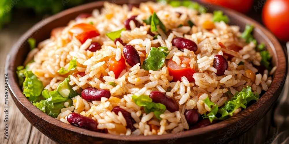 Vegetarian fried rice featuring red bean, tomato, and lettuce displayed on a wooden background, highlighting delicious vegetarian food while offering healthy eating concepts in the shot.