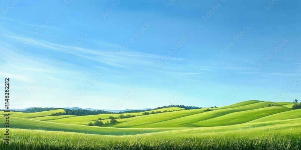 Obraz premium Serene classic rural landscape showcasing a vibrant green field under a clear blue sky, perfectly capturing the essence of a classic rural landscape filled with natural beauty.