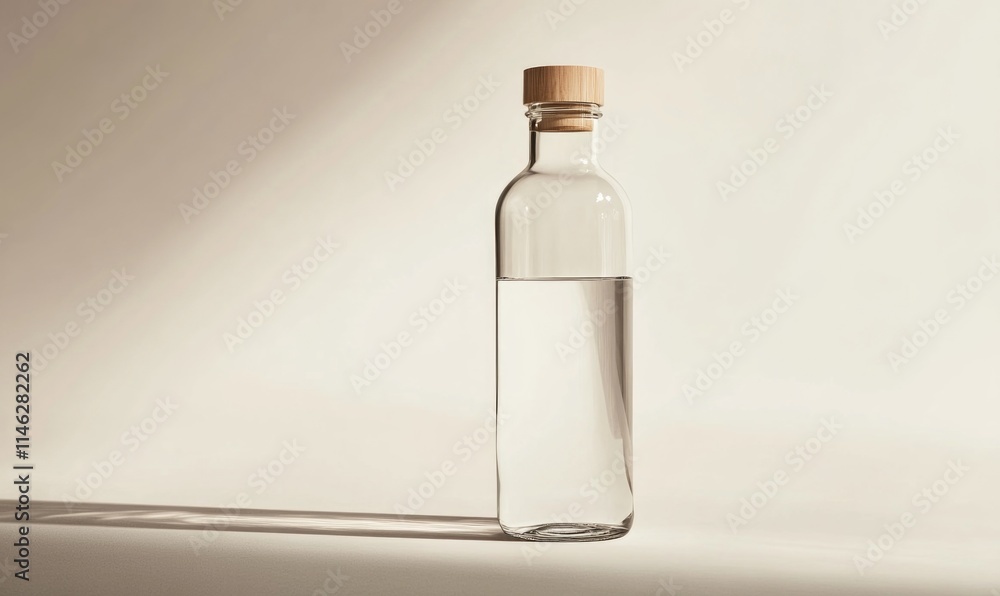 A clear bottle of water with a wooden stopper A clear bottle of water with a wooden stopper