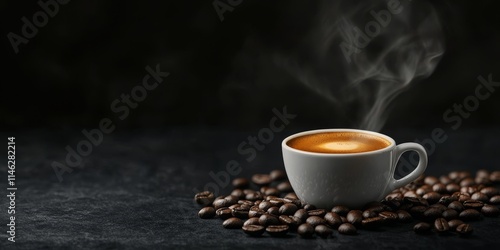 Delicious espresso awaits in a steaming cup, accompanied by coffee beans, showcasing the rich allure of coffee on a dark background for the perfect coffee experience. photo