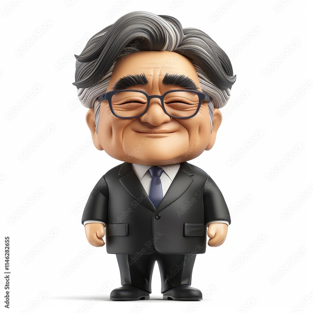 A cartoon depiction of a smiling man with gray hair, wearing a black suit, blue tie and glasses, on a white background. A cartoon depiction of a smiling man with gray hair, wearing a black suit, blue tie and glasses, on a white background.