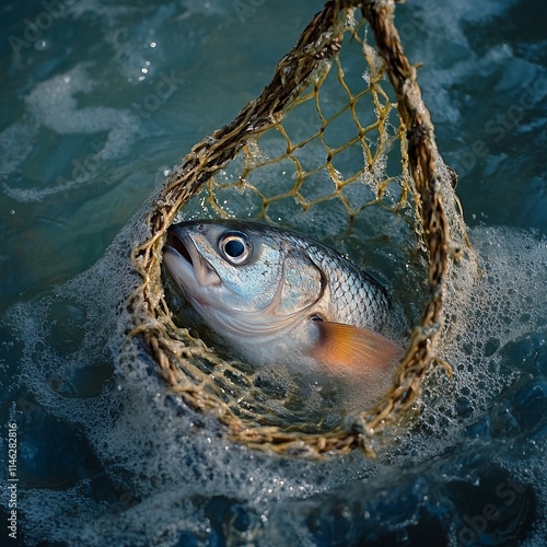 fish in the water  Net fish in a net the fisherman caught photo