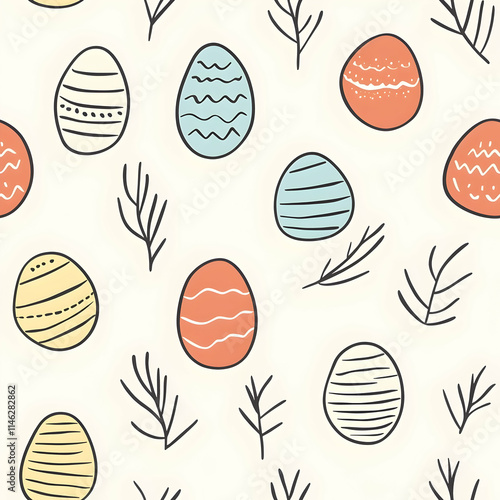 A seamless, delicate pattern of Easter eggs drawn with thin, fine lines. The eggs are lightly decorated with subtle, minimalist motifs, creating a cheerful and refined design that evokes the spirit of