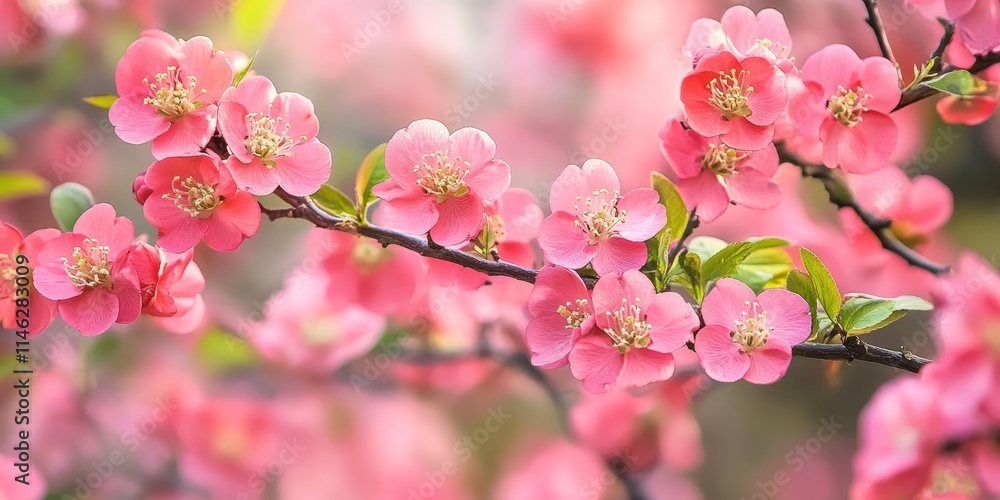 Quince tree in full bloom showcases beautiful pink flowers on its twigs. The quince tree s vibrant pink flowers create a stunning display during blooming time, enhancing the natural beauty. Quince tree in full bloom showcases beautiful pink flowers on its twigs. The quince tree s vibrant pink flowers create a stunning display during blooming time, enhancing the natural beauty.