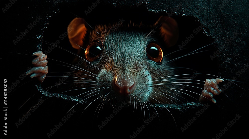 A curious rat peering from a dark hole. A curious rat peering from a dark hole.
