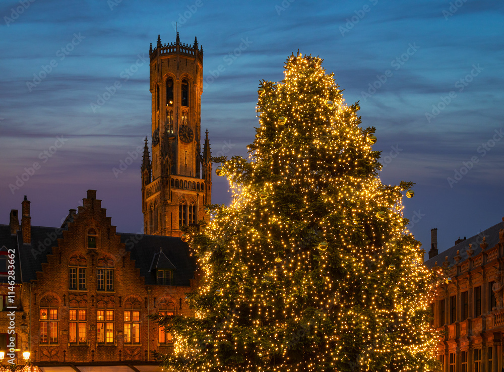 Fototapeta premium Christmas tree in Bruges, in the evening