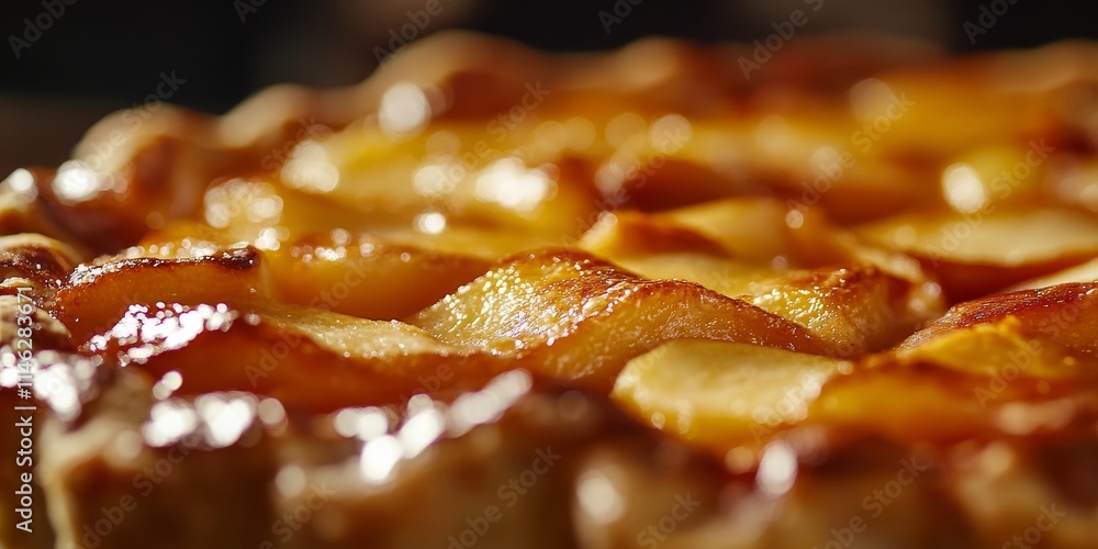 A detailed close up perspective of a mouthwatering apple pie, highlighting its delectable crust and tempting filling, reveals its deliciousness and appeal. A detailed close up perspective of a mouthwatering apple pie, highlighting its delectable crust and tempting filling, reveals its deliciousness and appeal.