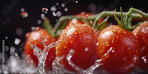 Close up shot of tomatoes, also known as Solanum lycopersicum, showcasing vibrant colors with water droplets creating a splash effect. The tomatoes are captured in slow motion against a black photo