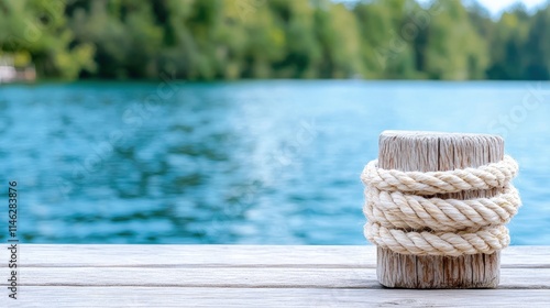 A close-up of a weathered wooden mooring post wrapped with thick rope on a dock, with a scenic blue lake and green forest blurred in the background.