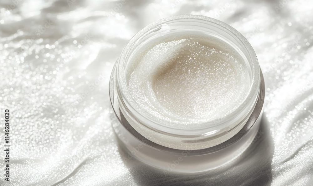 A small jar of cream is sitting on a white surface A small jar of cream is sitting on a white surface